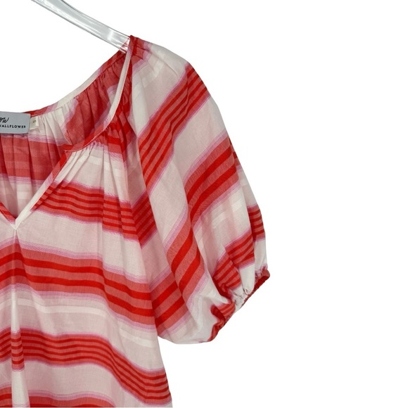 Never A Wallflower Gathered‎ V-Neck Blouse Small Pink Orange Stripe Puff Sleeve - Picture 5 of 8